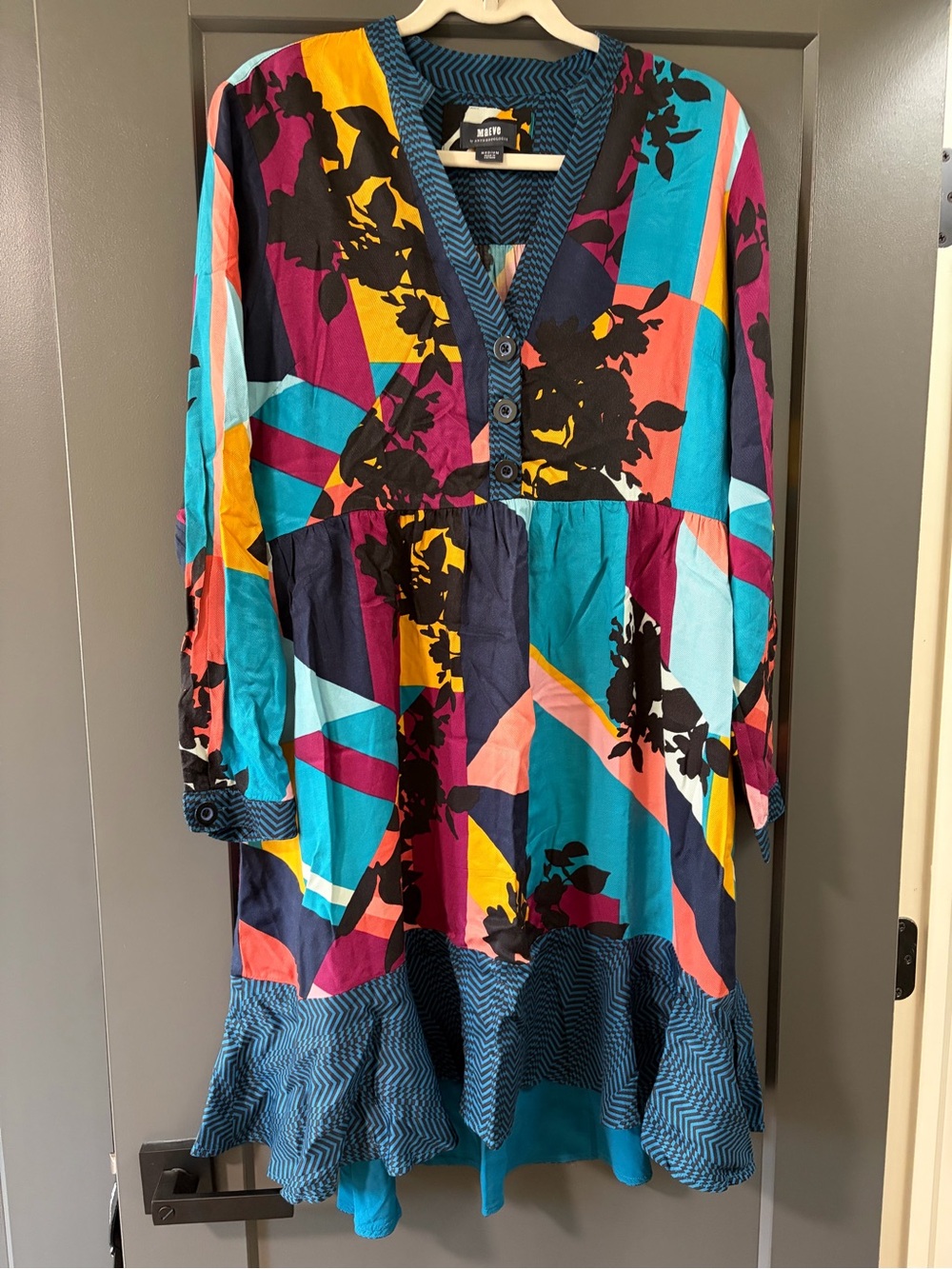 Maeve (Anthropologie) - Colorblock Floral Ruffle Hem Dress - Size M